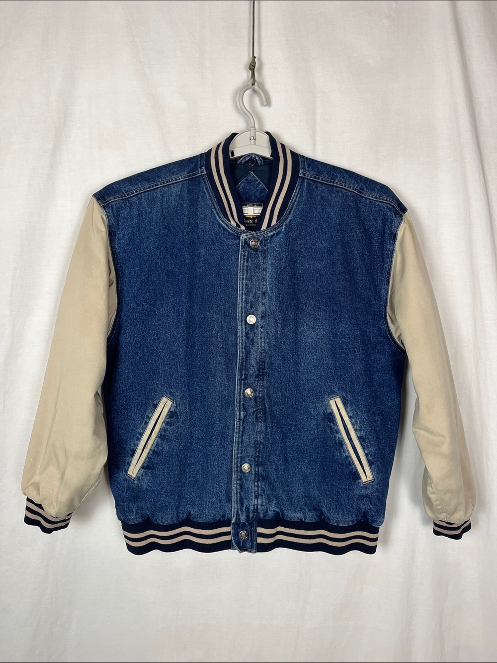 Vintage Y2K Route 66 Denim Blue and Tan Quilted Varsity Bomber Jacket